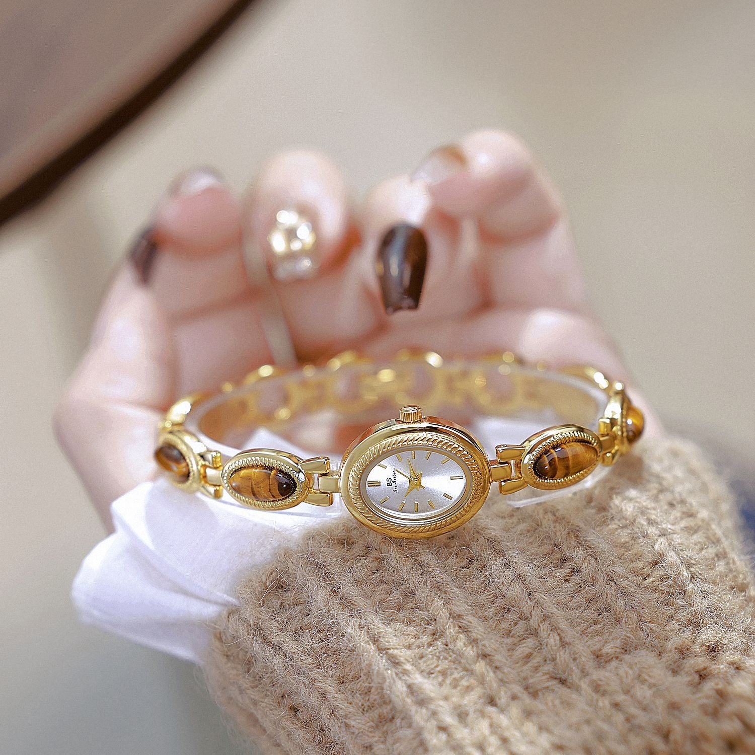 Oval Dial Green Gemstone Link Bracelet Watch