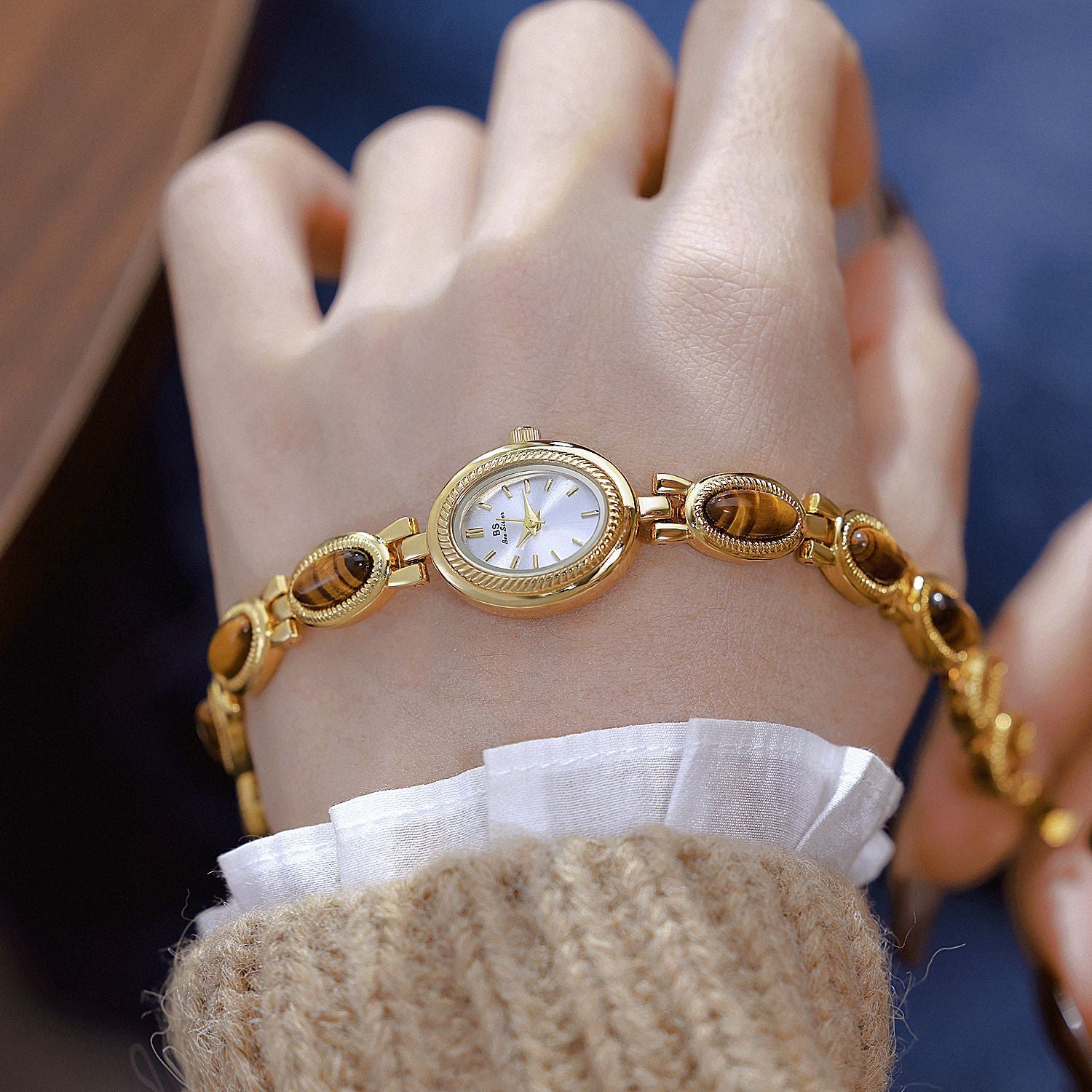 Oval Dial Green Gemstone Link Bracelet Watch