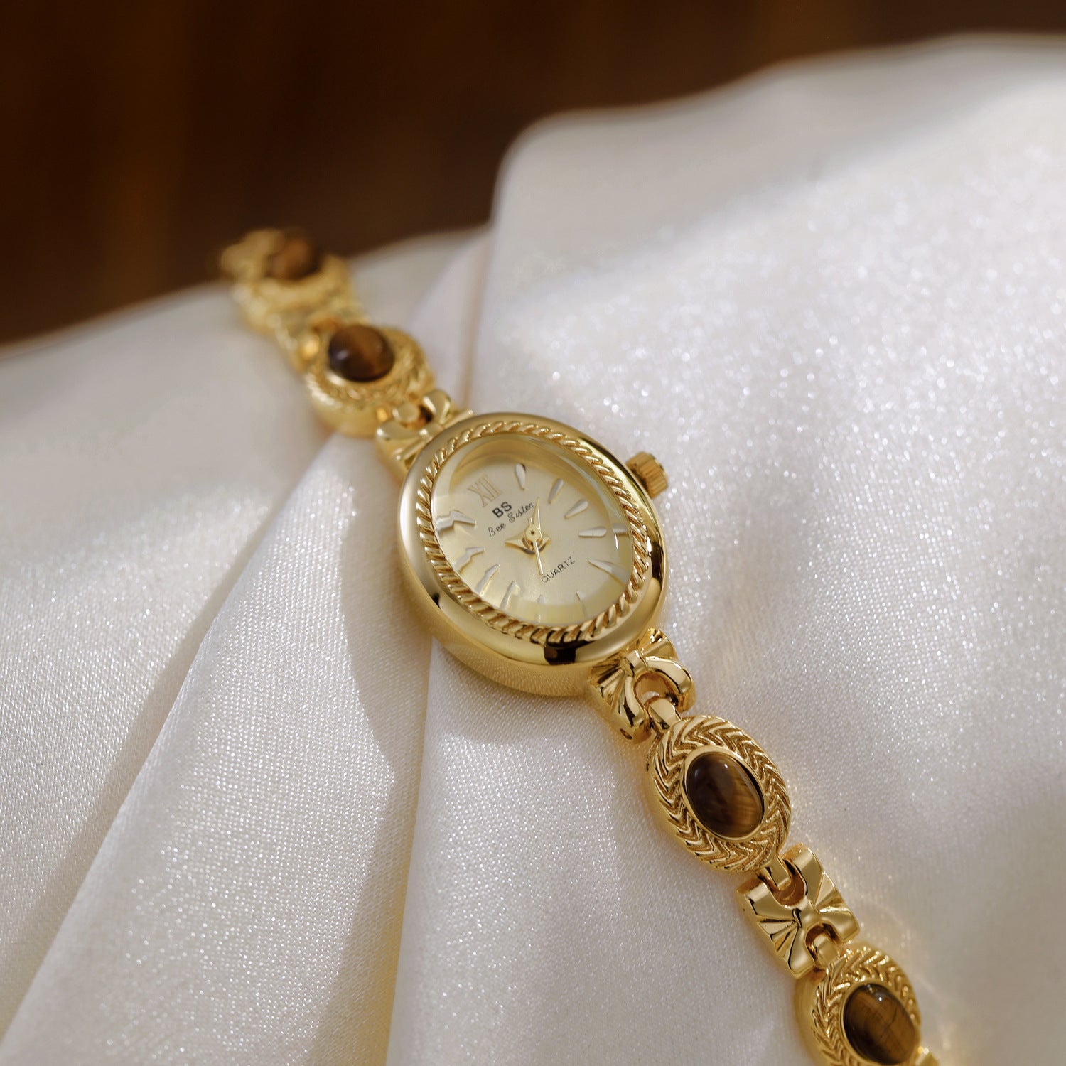 Oval Dial Gemstone Link Bracelet Watch