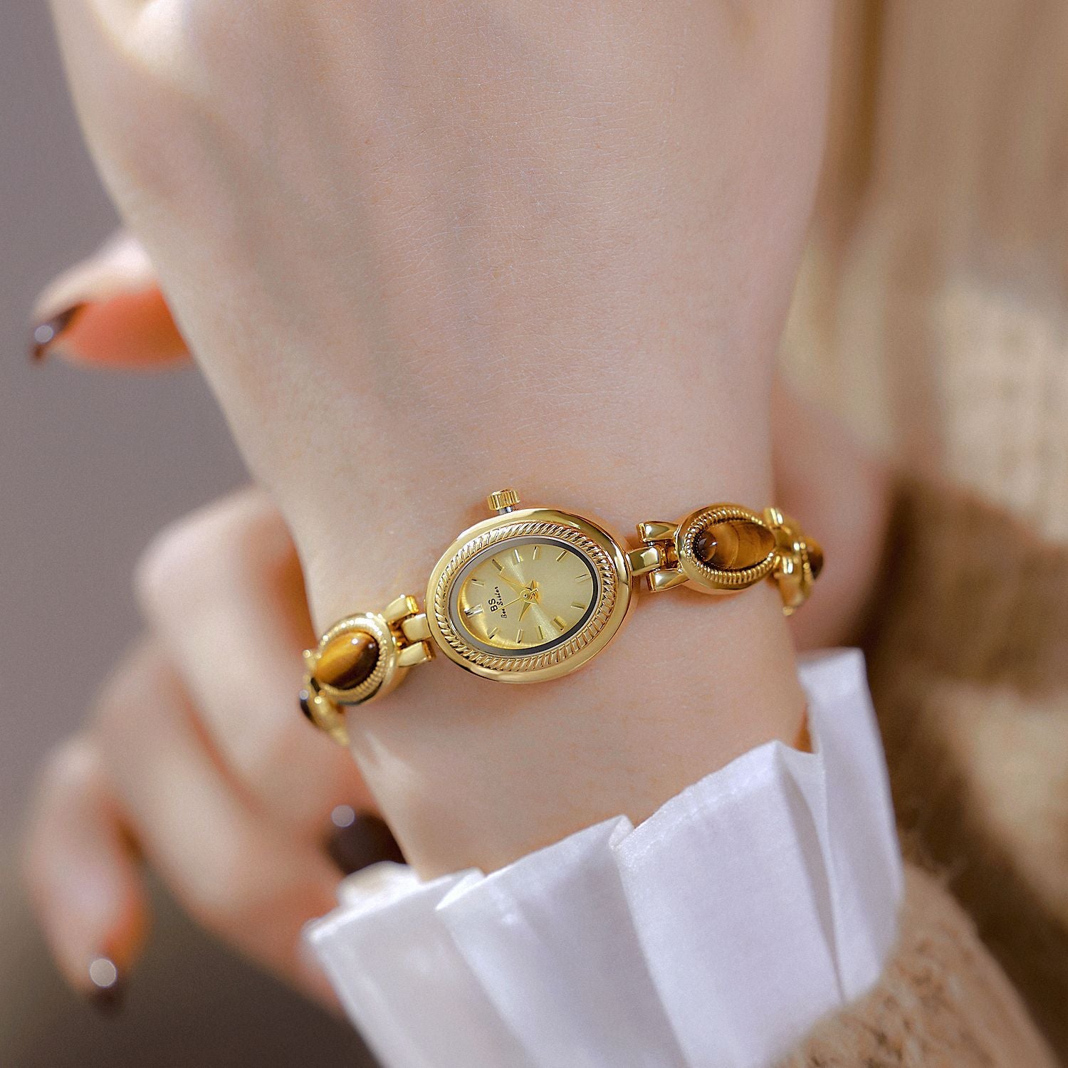Oval Dial Green Gemstone Link Bracelet Watch