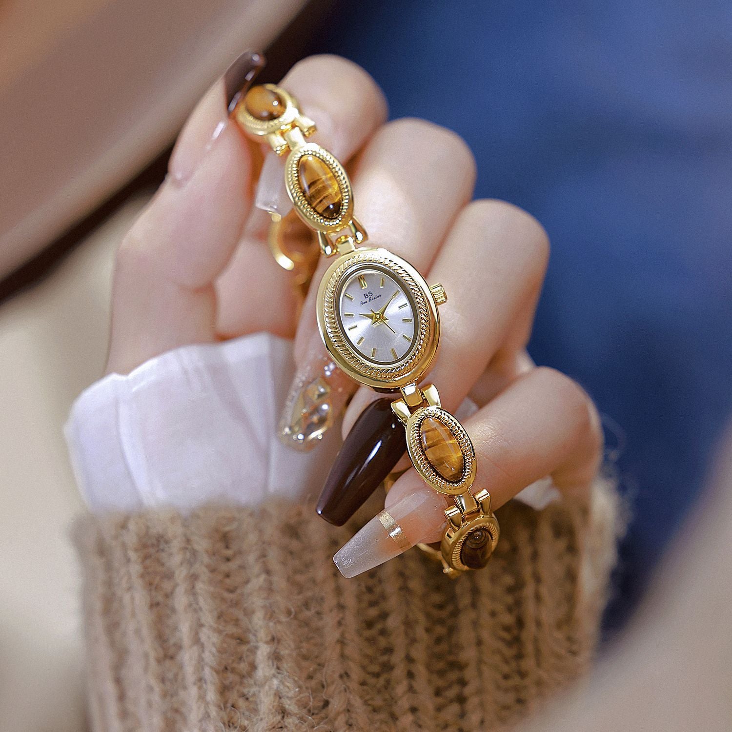 Oval Dial Green Gemstone Link Bracelet Watch