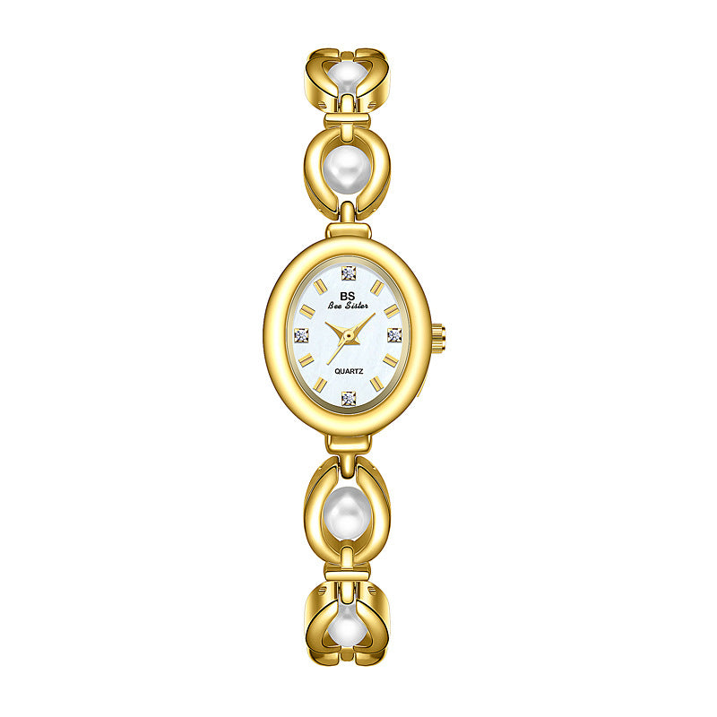 Oval Dial Pearl Link Bracelet Watch