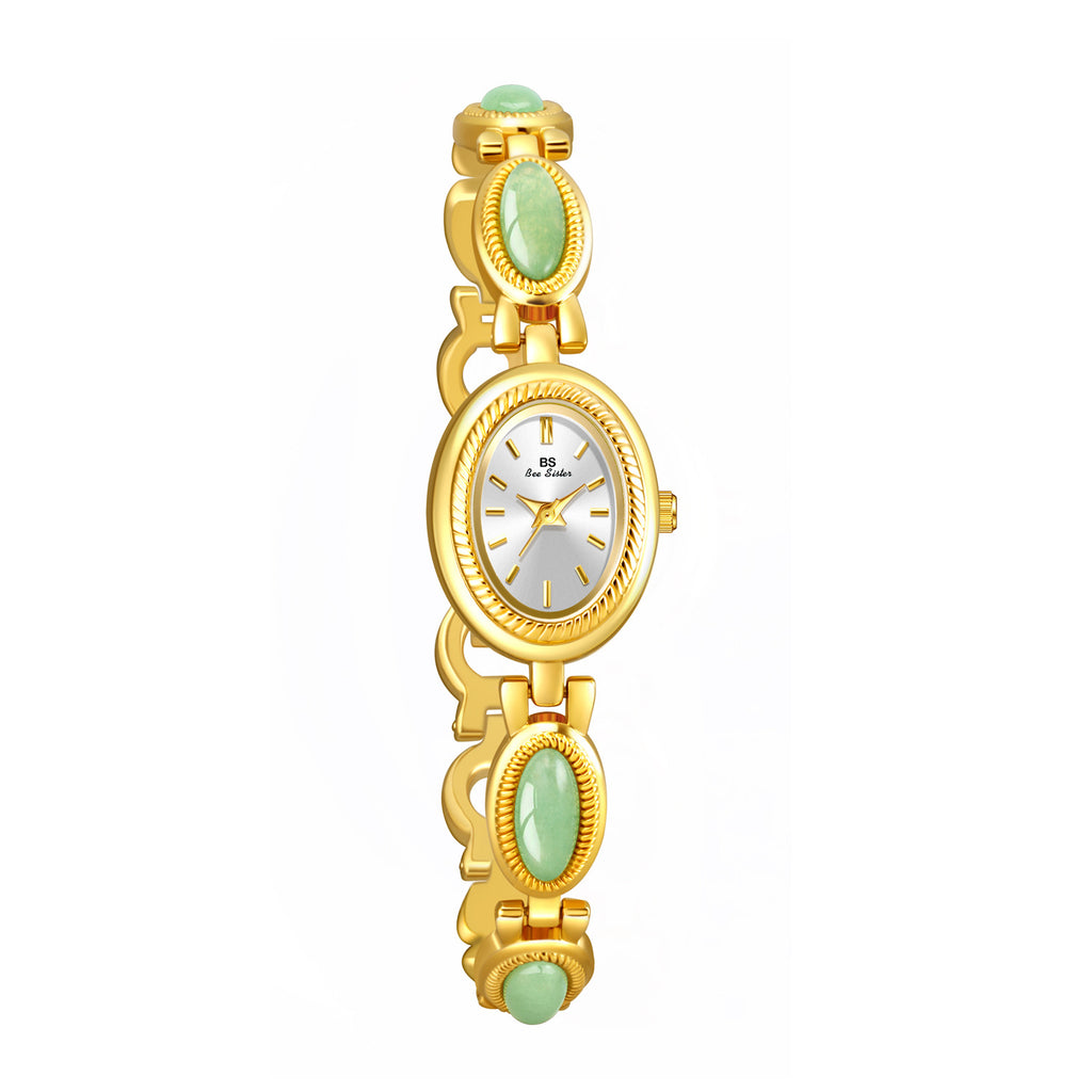 Oval Dial Green Gemstone Link Bracelet Watch