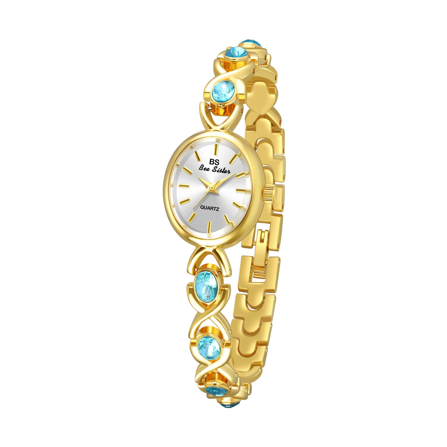 Round Dial Aquamarine Stone Link Bracelet Watch