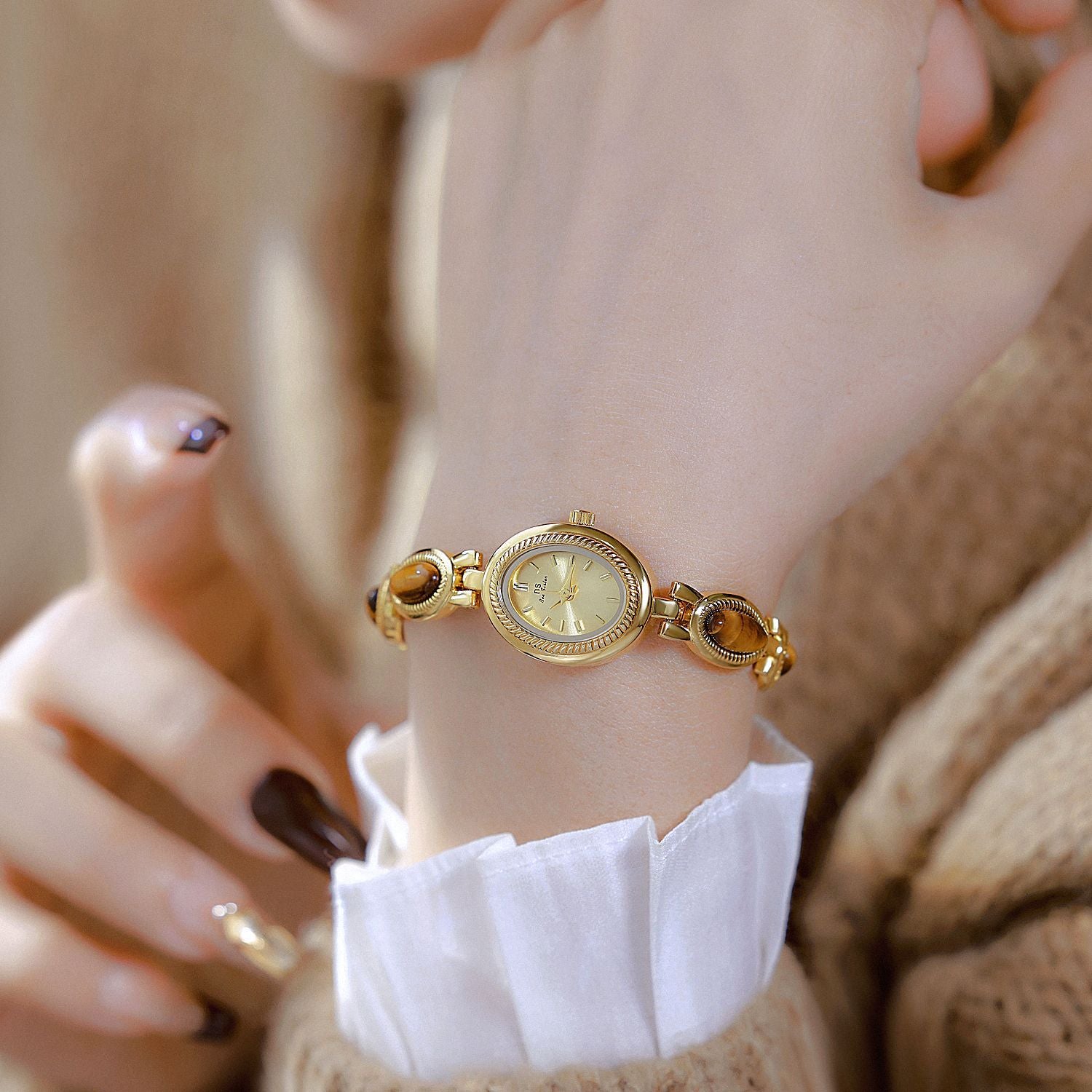 Oval Dial Green Gemstone Link Bracelet Watch
