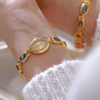 Oval Dial Green Gemstone Link Bracelet Watch