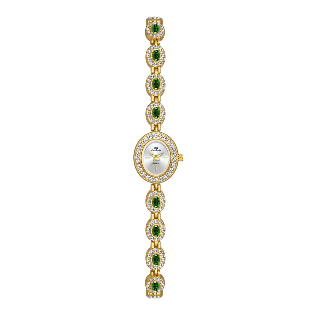 Oval gemstone crystal link watch gold green