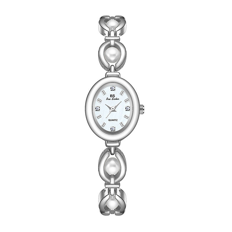 Oval Dial Pearl Link Bracelet Watch
