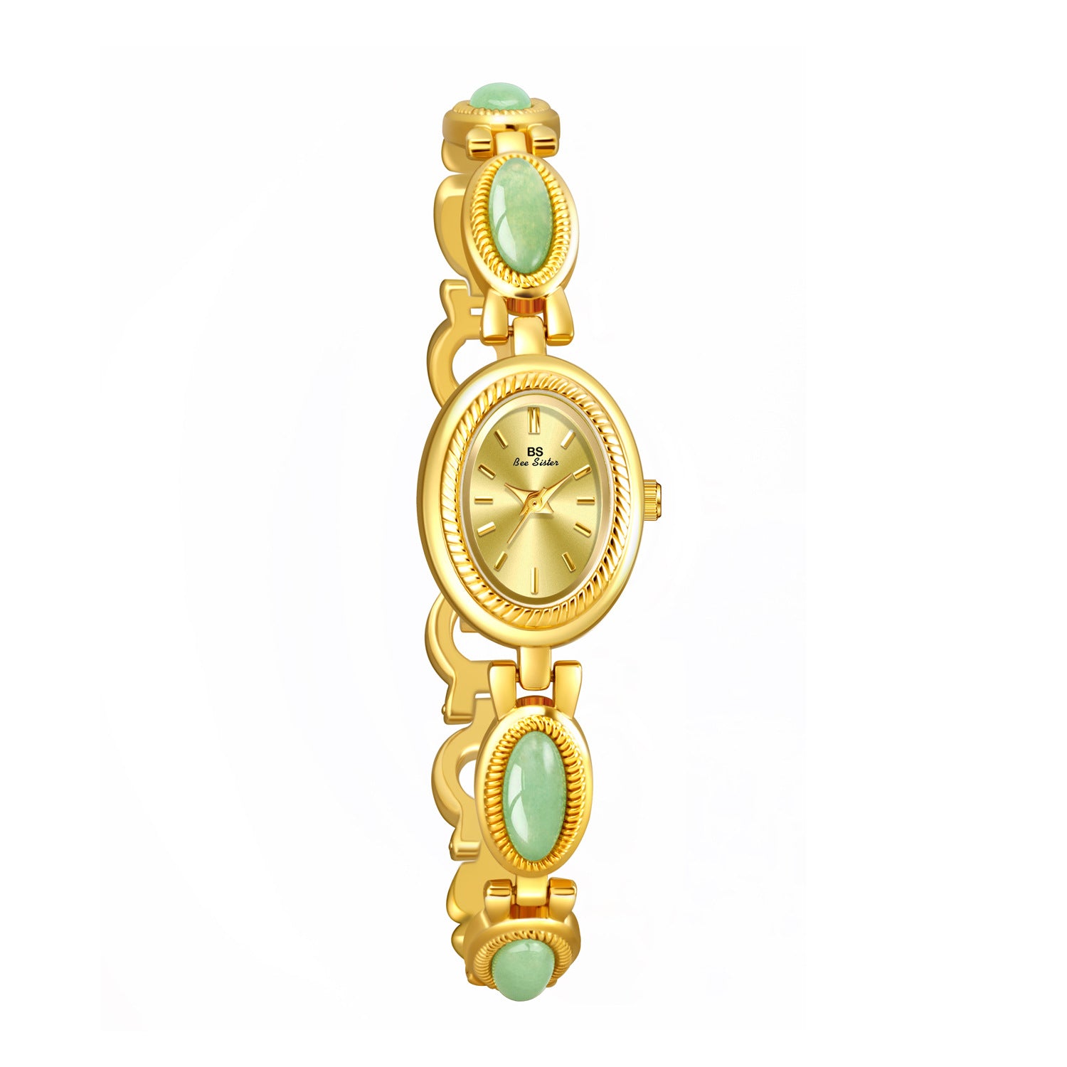 Oval Dial Green Gemstone Link Bracelet Watch