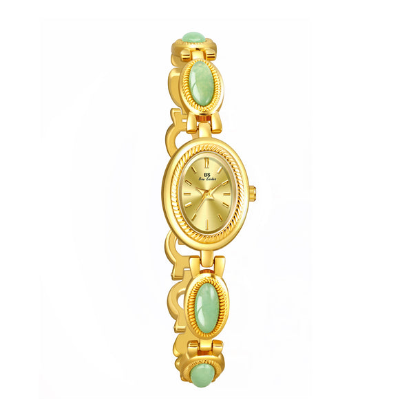 Oval Dial Green Gemstone Link Bracelet Watch