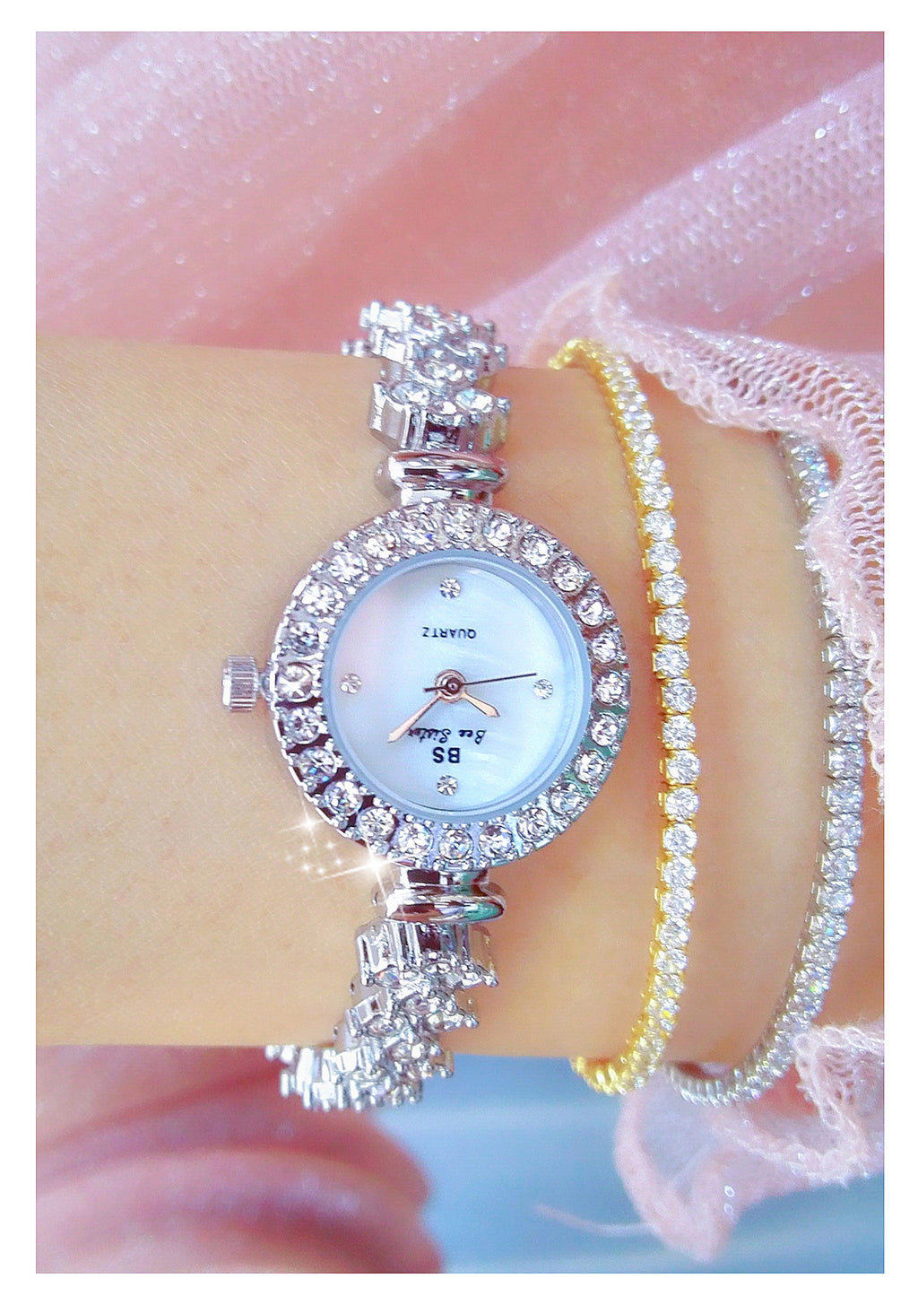 Round Crystal Bezel Floral Link Watch