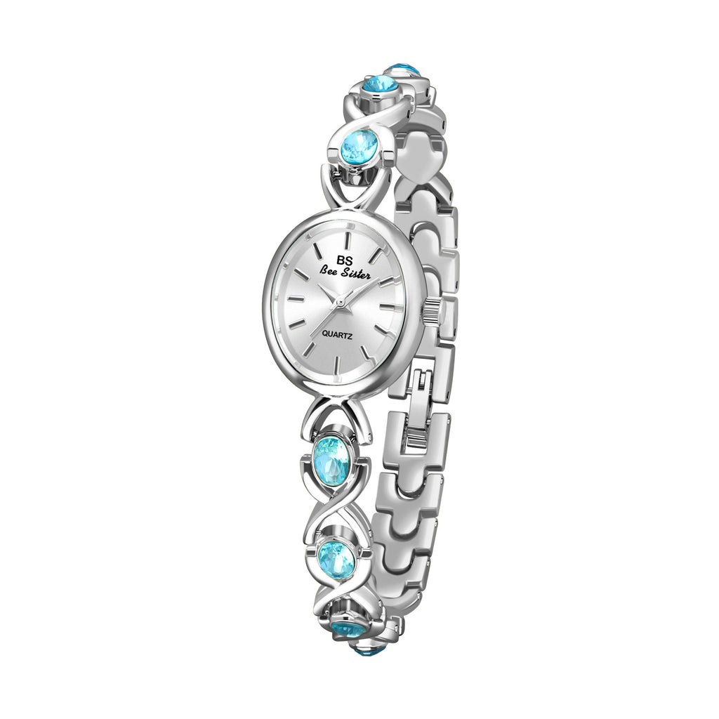 Round Dial Aquamarine Stone Link Bracelet Watch