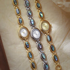 Oval Dial Green Gemstone Link Bracelet Watch