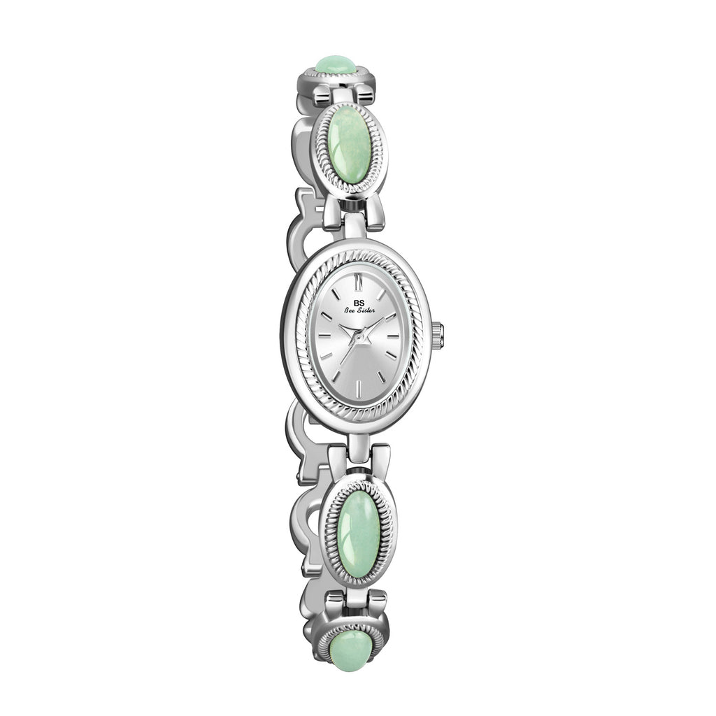 Oval Dial Green Gemstone Link Bracelet Watch
