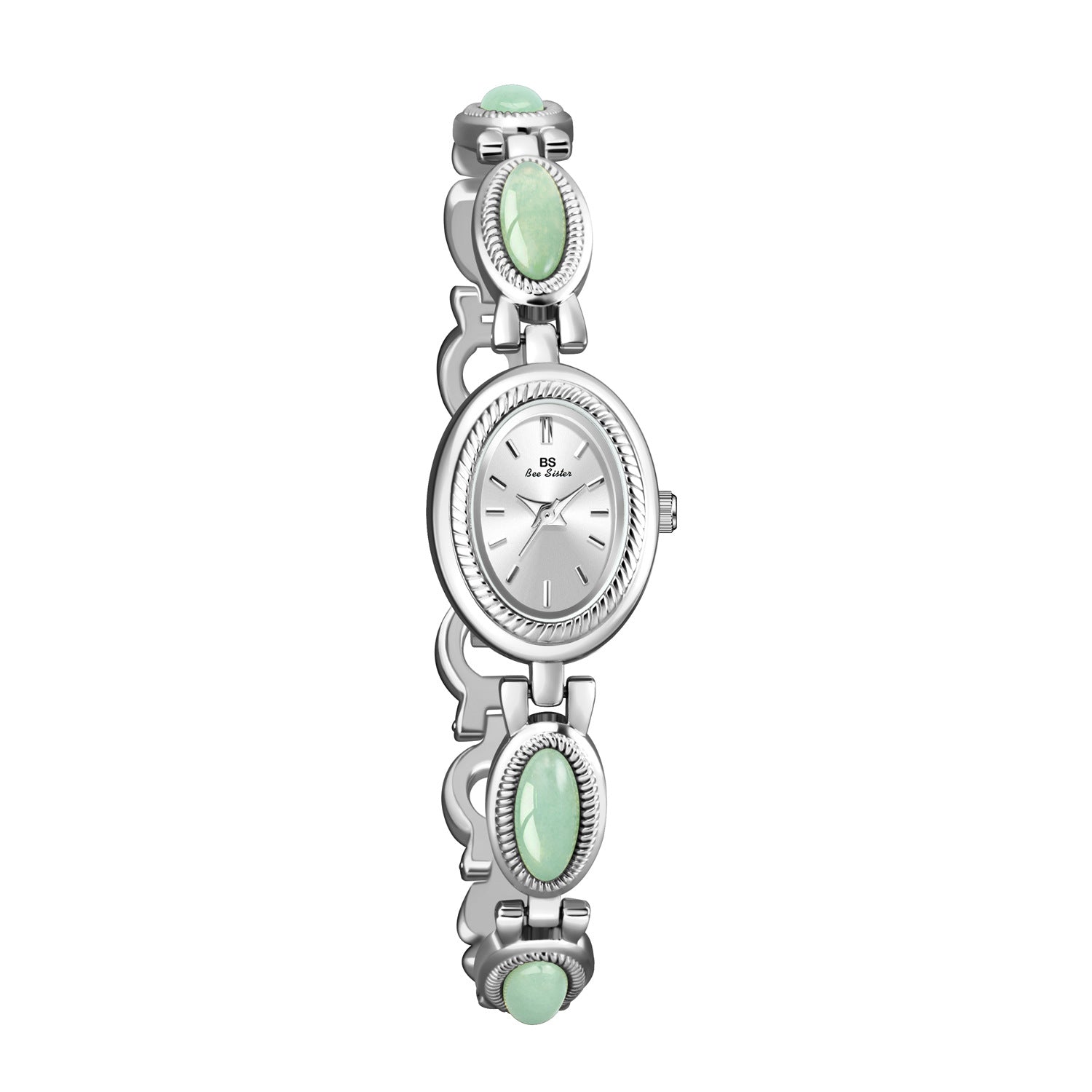 Oval Dial Green Gemstone Link Bracelet Watch