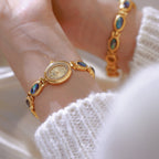 Oval Dial Green Gemstone Link Bracelet Watch