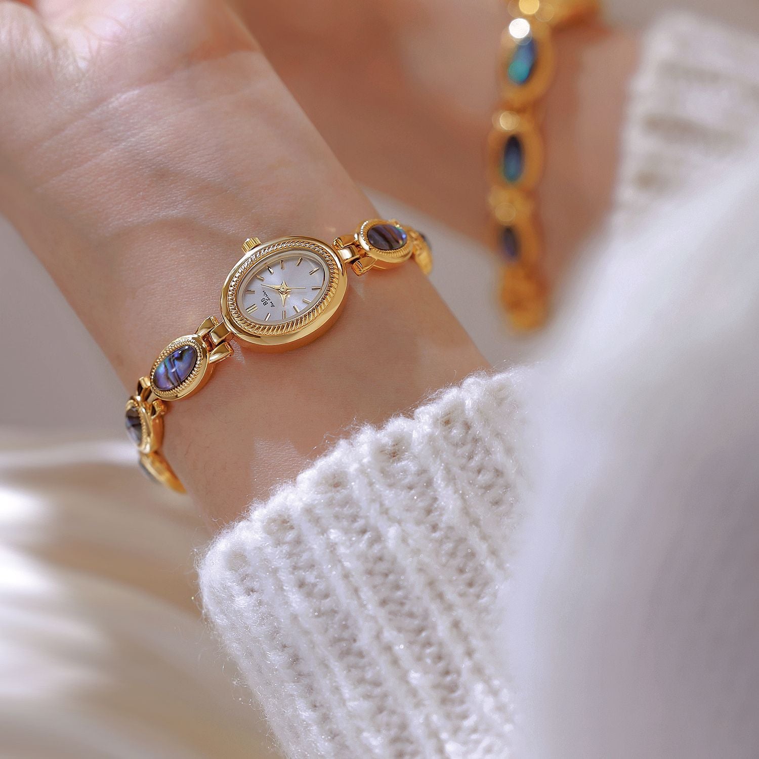 Oval Dial Green Gemstone Link Bracelet Watch