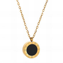Roman Numeral Black Enamel Medallion Necklace in Gold