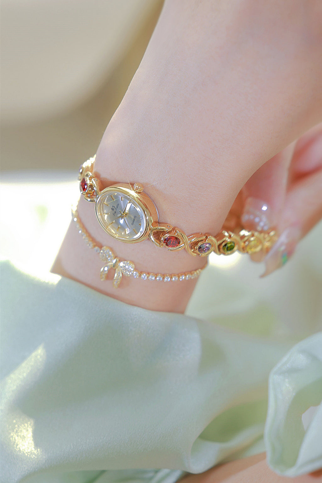 Oval Dial Multi-Gemstone Link Watch