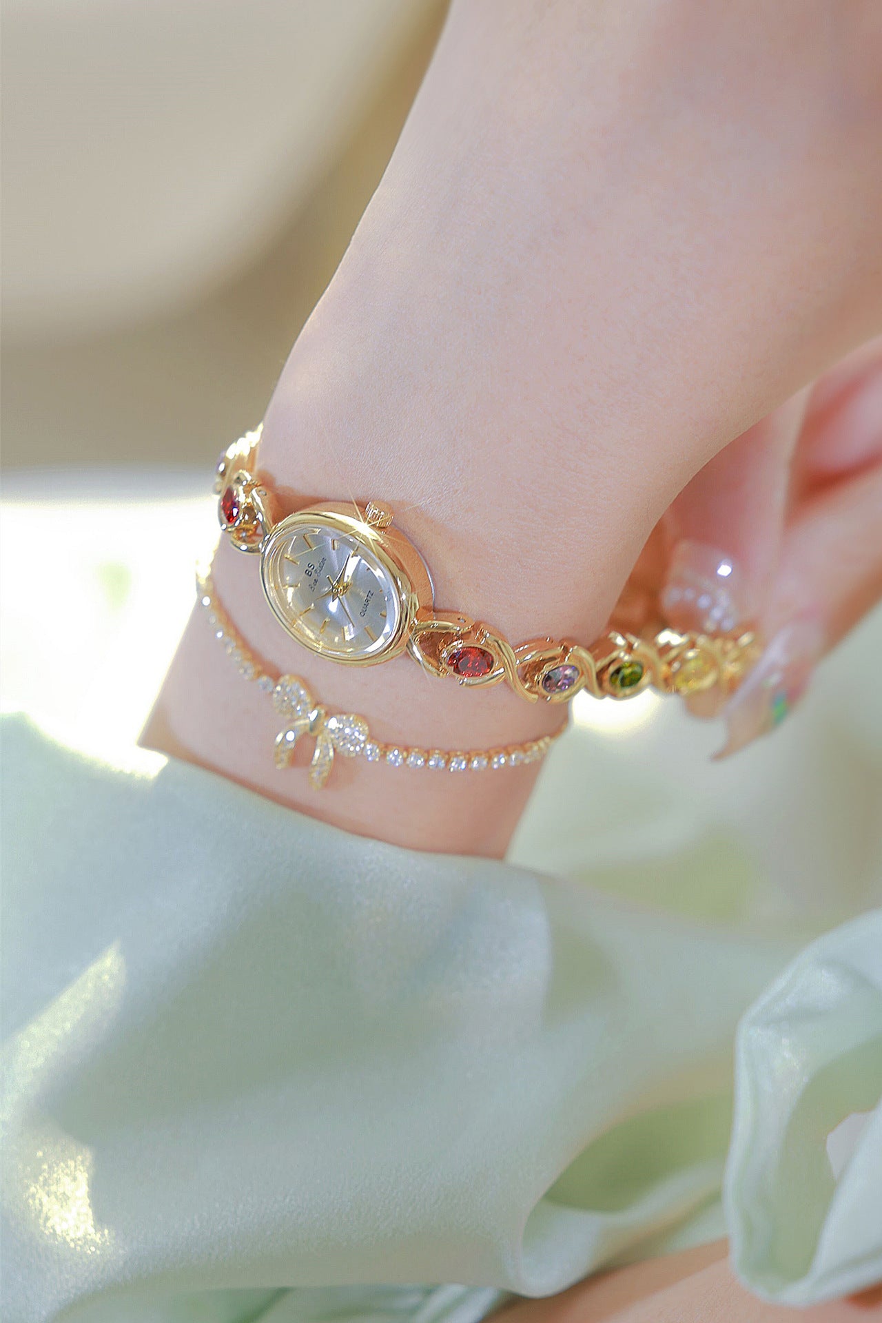 Oval Dial Multi-Gemstone Link Watch