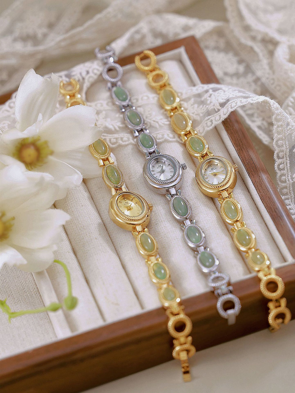 Oval Dial Green Gemstone Link Bracelet Watch