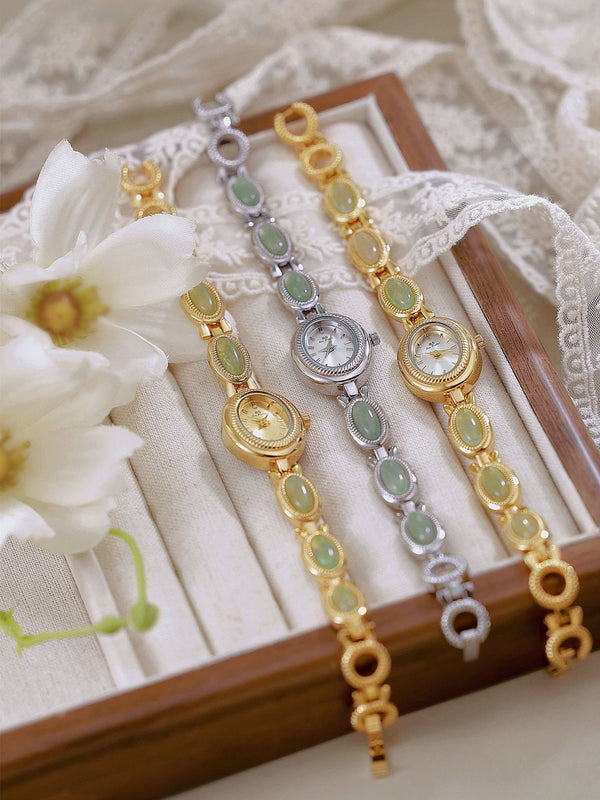 Oval Dial Green Gemstone Link Bracelet Watch