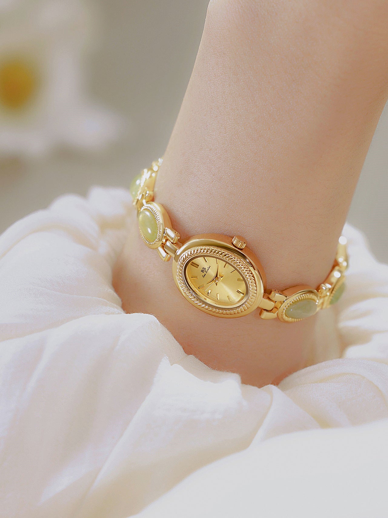 Oval Dial Green Gemstone Link Bracelet Watch