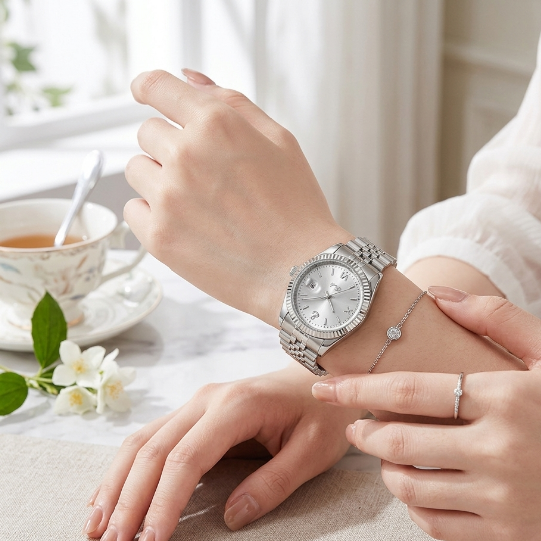 Fluted Bezel Date Dial Bracelet Watch