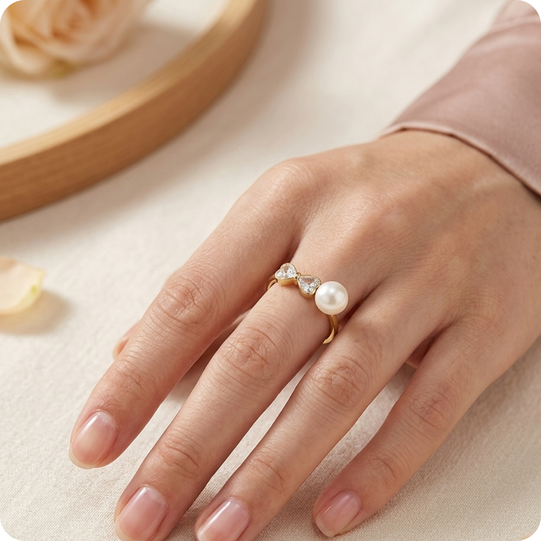 Gold Bow Pearl Adjustable Ring