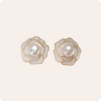 Gold Camellia Pearl Stud Earrings