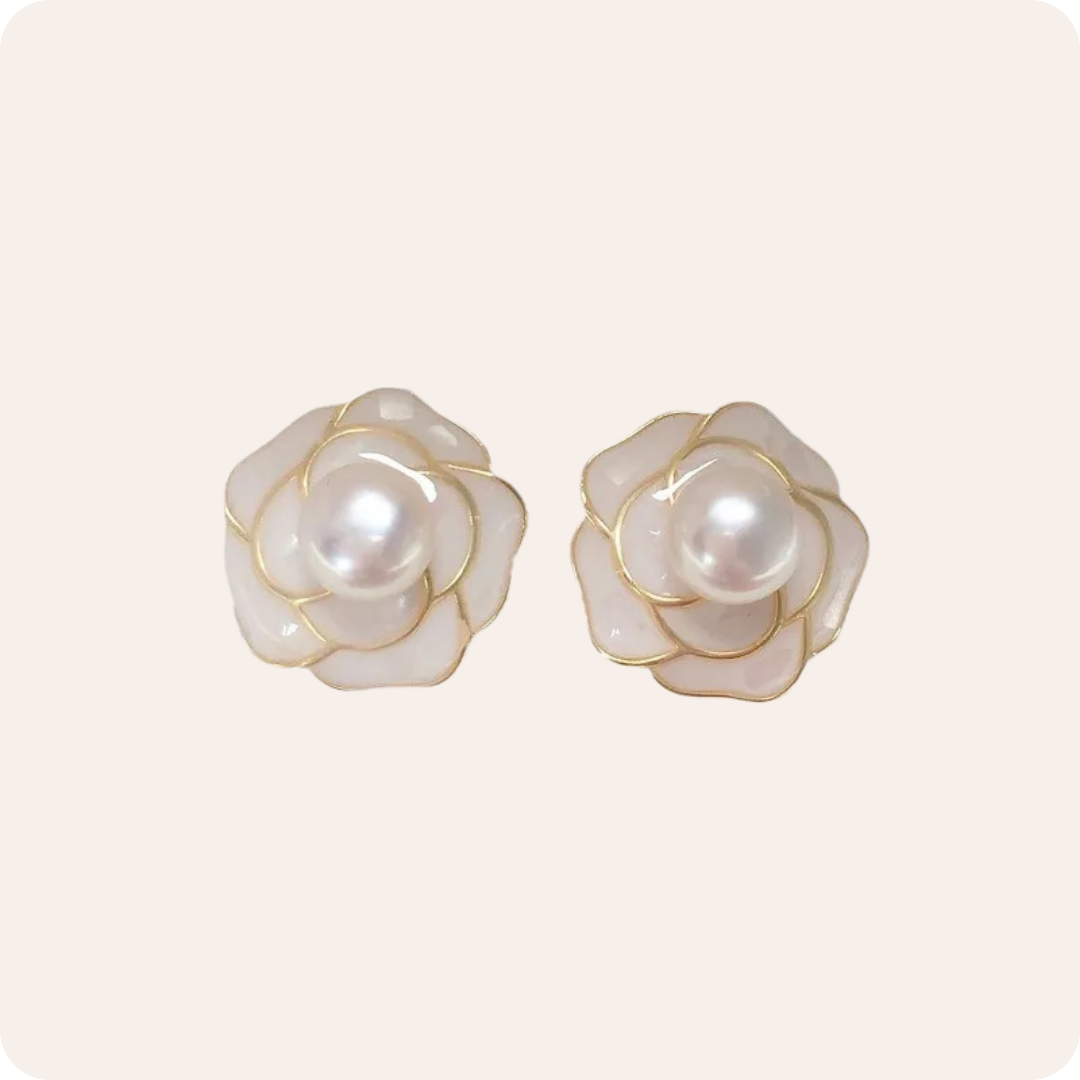 Gold Camellia Pearl Stud Earrings