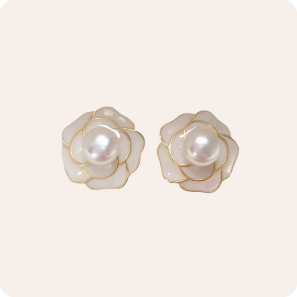 Gold Camellia Pearl Stud Earrings