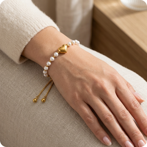 Gold Heart Pearl Beaded Bracelet