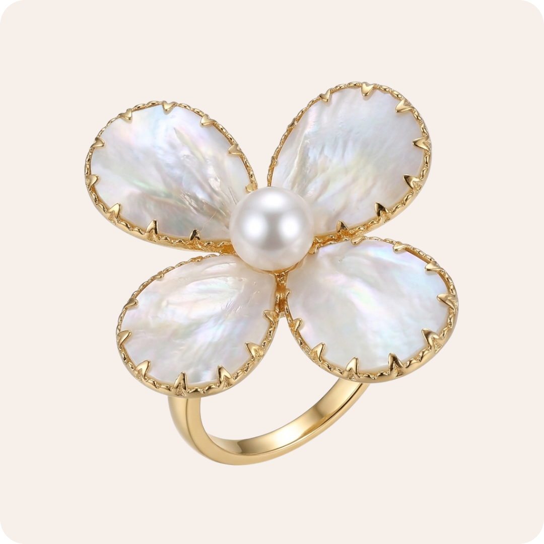 Gold Pearl Flower Adjustable Ring