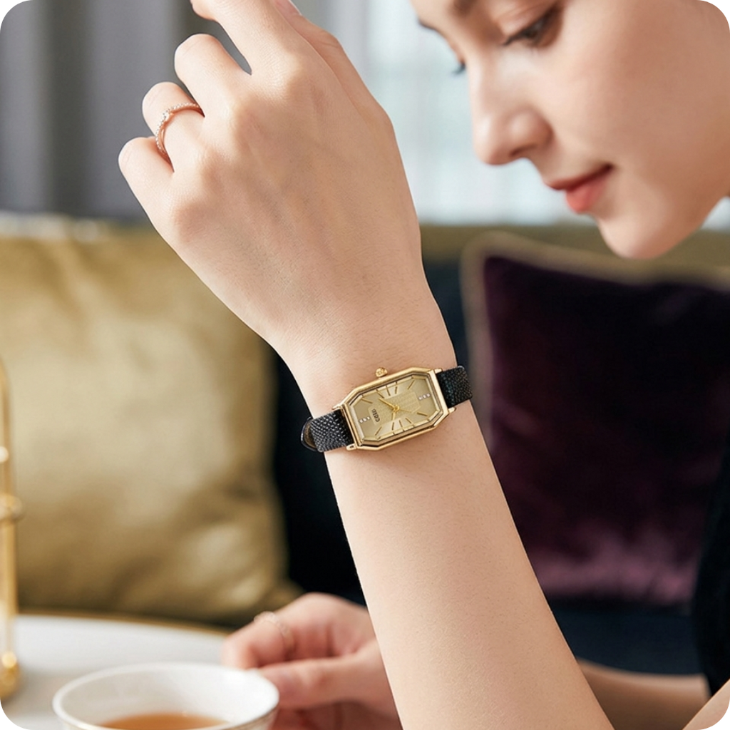 Gold Rectangular Crystal Accent Strap Watch