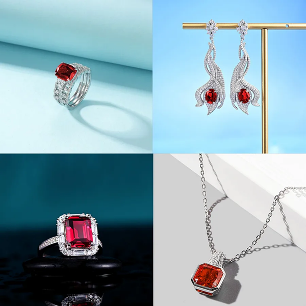 Nouravi 925 Sterling Silver Geometric Ruby Jewelry Set