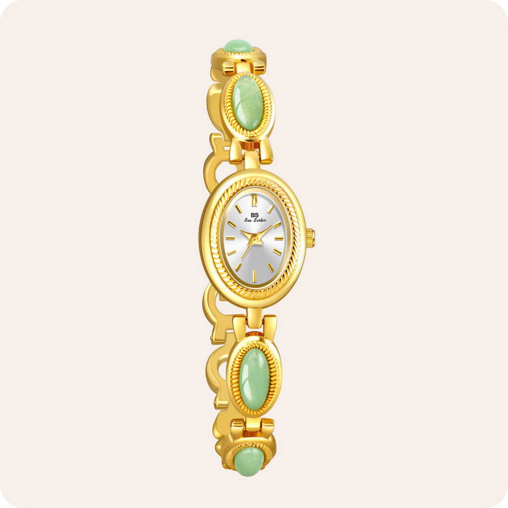Oval Dial Green Gemstone Link Bracelet Watch