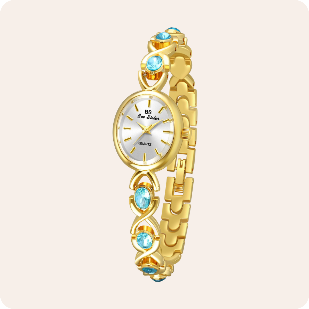 Round Dial Aquamarine Stone Link Bracelet Watch