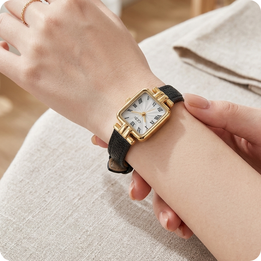 Square Roman Textured Dial Strap Watch