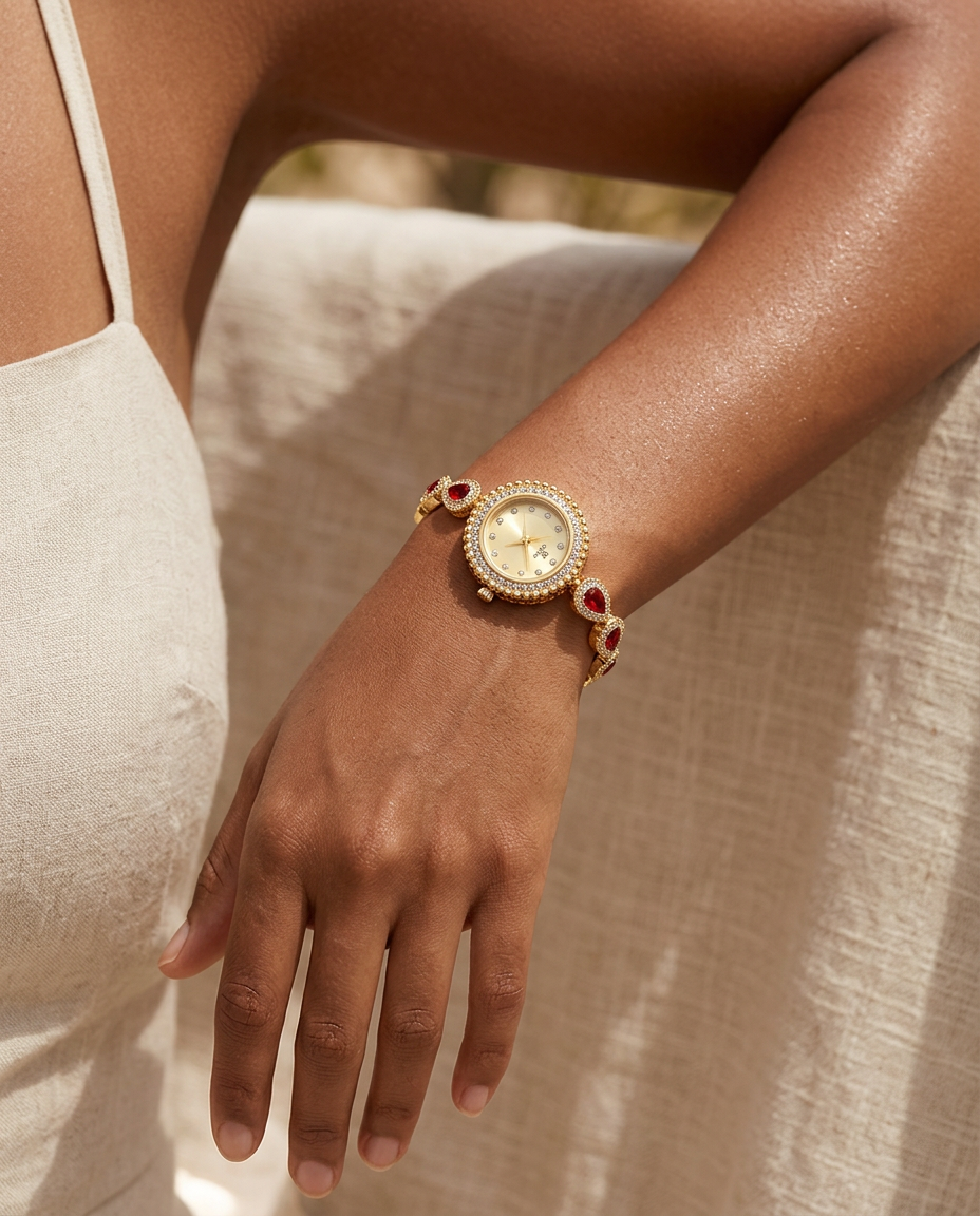 Gold mother-of-pearl teardrop watch worn on the wrist, summer editorial