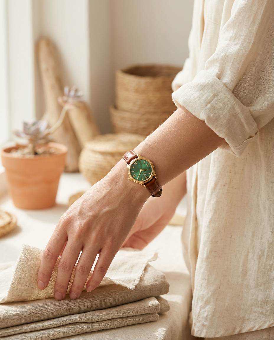 Gold Roman-numeral green-dial watch worn on the wrist, summer editorial