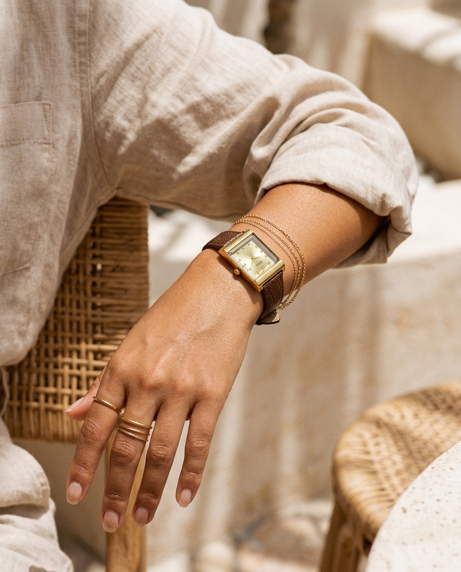 Square gold watch with brown leather strap worn on the wrist, summer