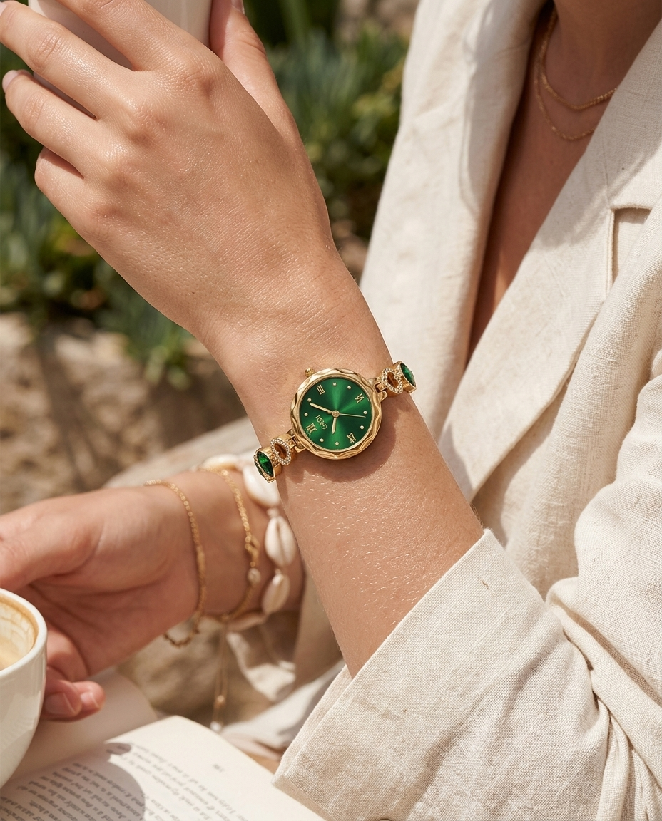 Gold fluted-bezel crystal-link watch with green dial worn on the wrist, summer editorial