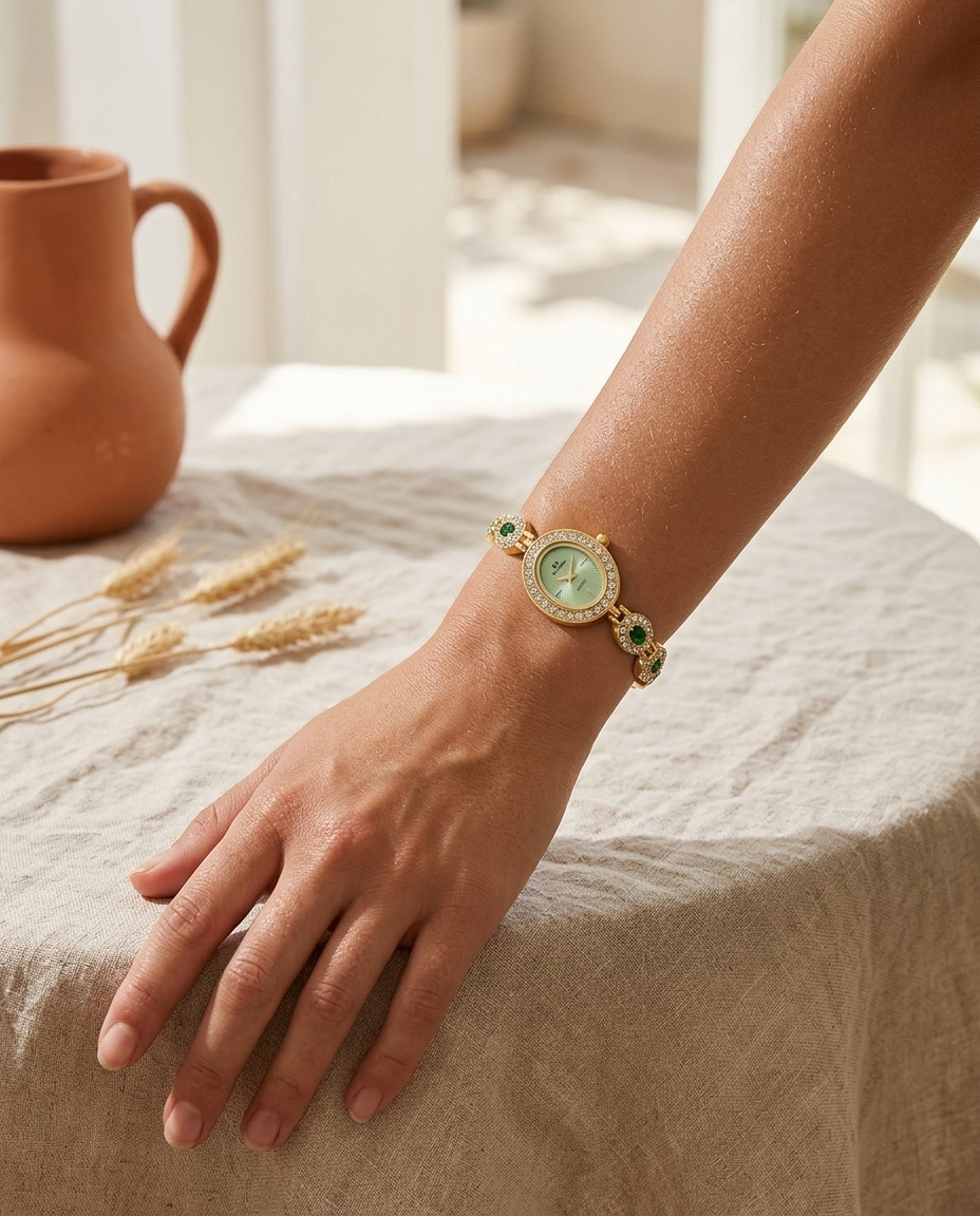 Gold oval gemstone crystal-link watch with green dial worn on the wrist, summer