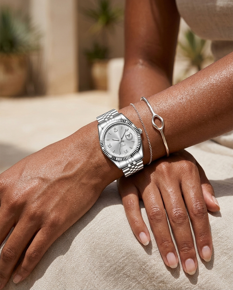 Silver fluted-bezel date-dial watch worn on the wrist, summer editorial