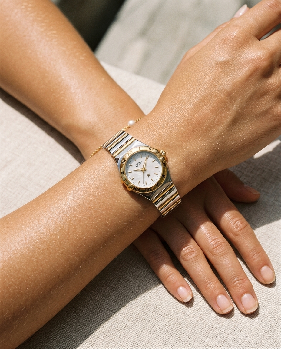 Champagne-gold fluted-bezel Roman-marker watch worn on the wrist, summer