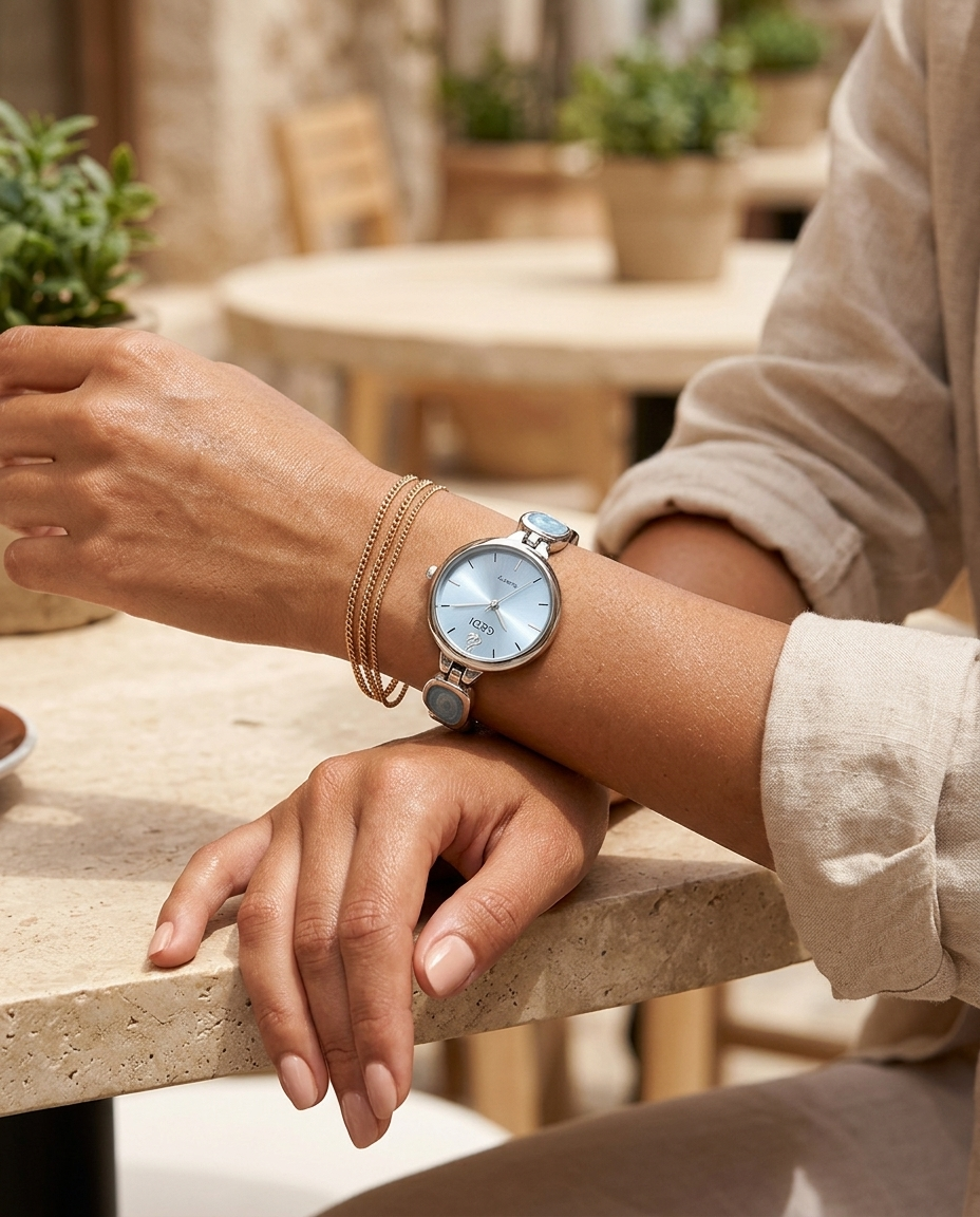 Round minimal-dial stone-link watch with ice-blue face worn on the wrist, summer