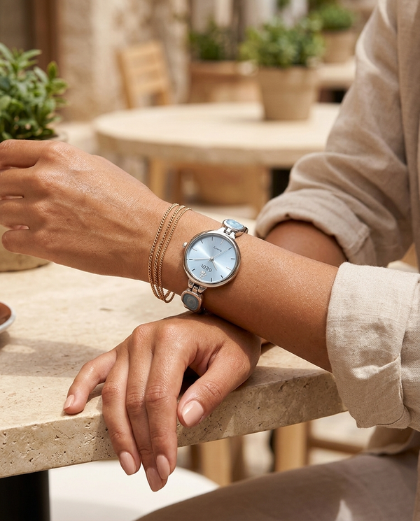 Round minimal-dial stone-link watch with ice-blue face worn on the wrist, summer