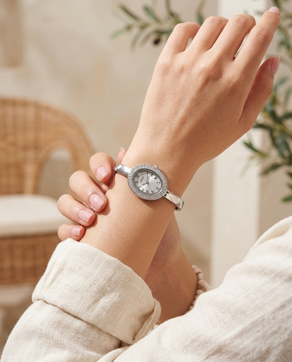 Silver Roman crystal-bezel bangle watch worn on the wrist, summer editorial