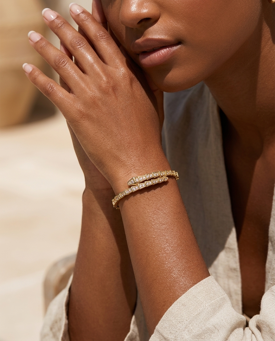 Woven French Love zircon gold bangle worn on the wrist, summer